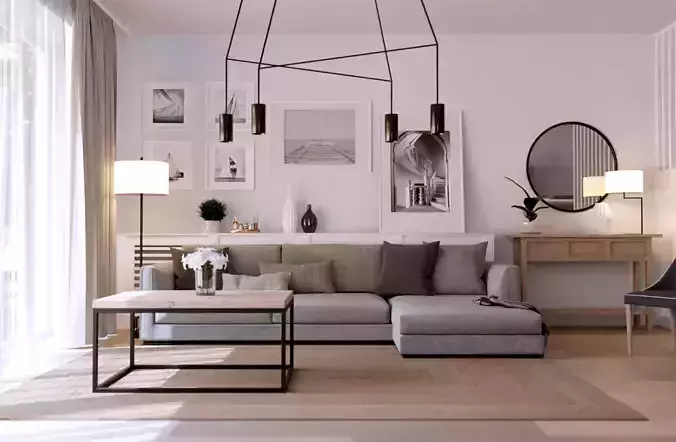 Livingroom and Kitchen interior scene 3D model