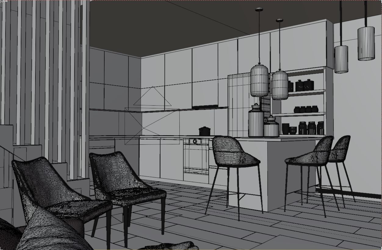 Livingroom and Kitchen interior scene 3D model_6
