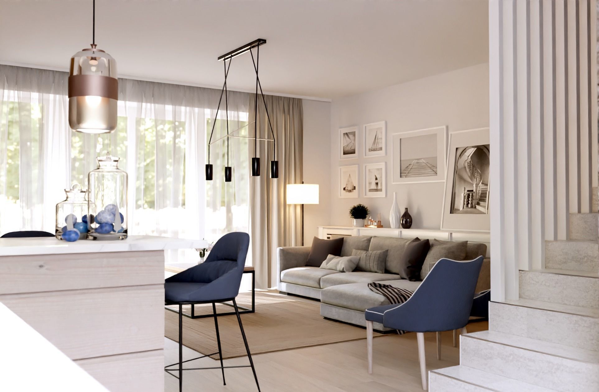 Livingroom and Kitchen interior scene 3D model_2