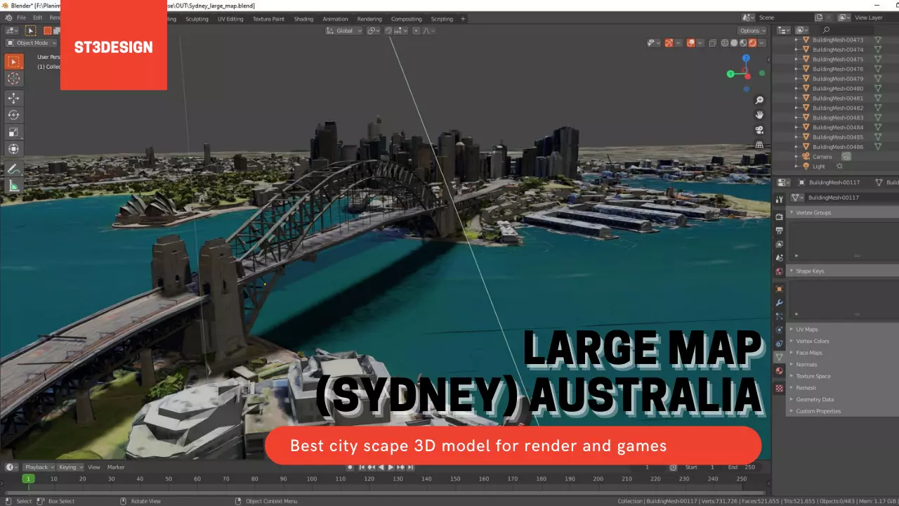 Sydney Large map with Texture Low-poly 3D model