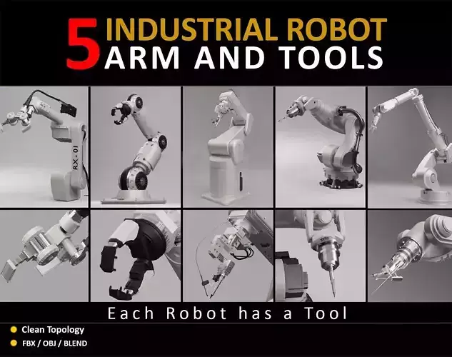 5 Industrial Robot Arm and 5 tools 3D model