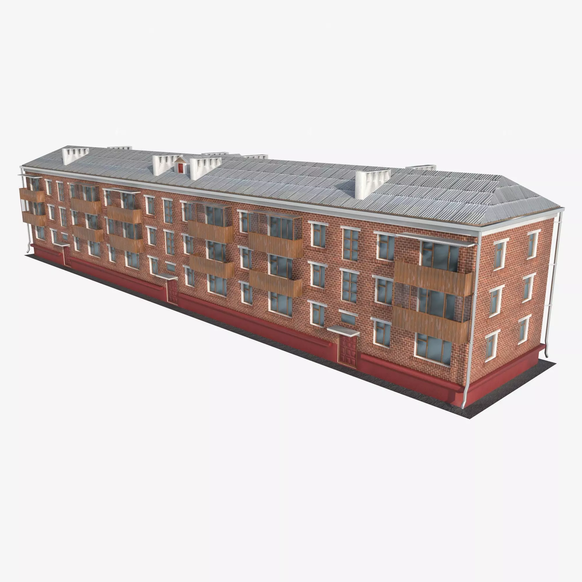 Brick 3-storey apartment building v2 Low-poly 3D model_0