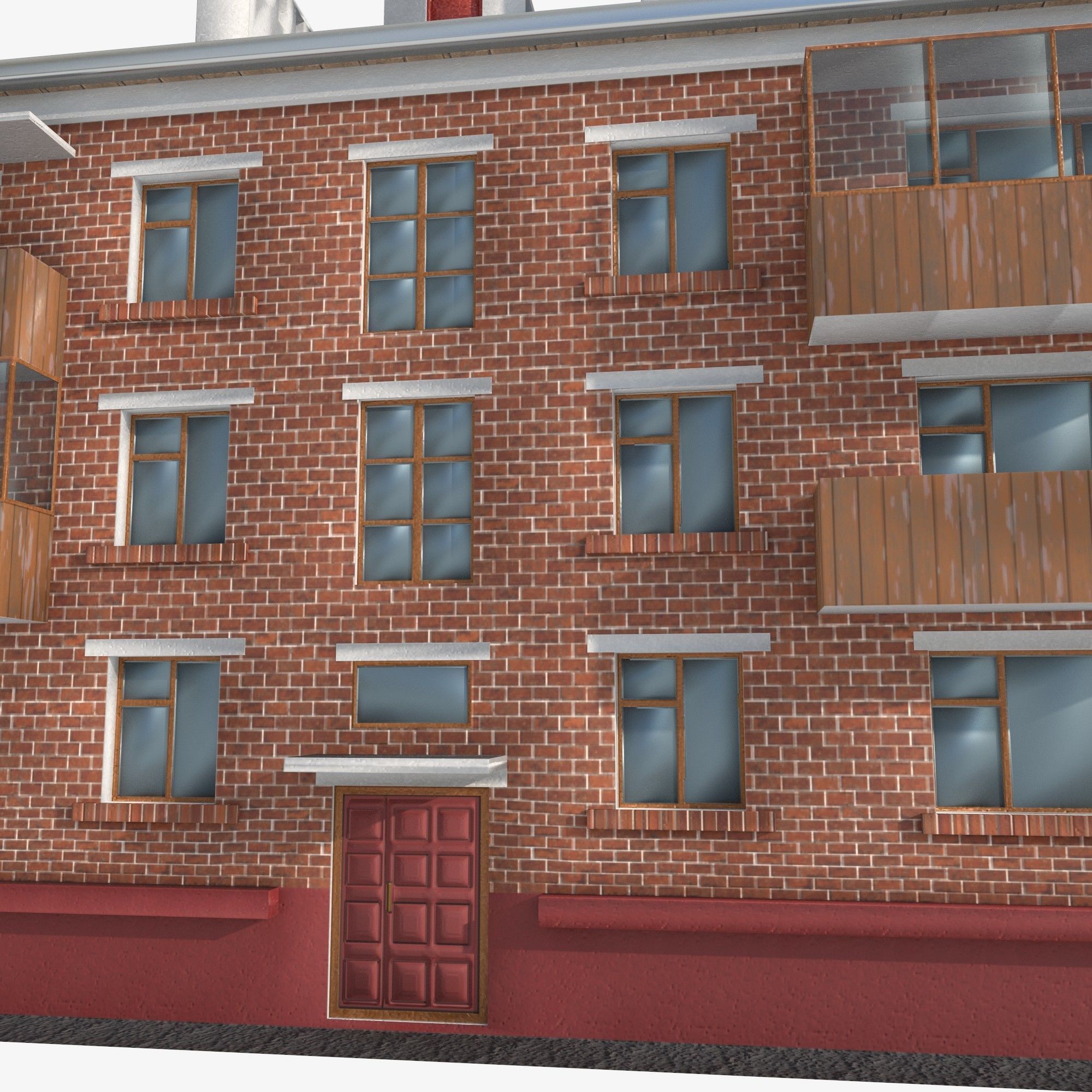 Brick 3-storey apartment building v2 Low-poly 3D model_5