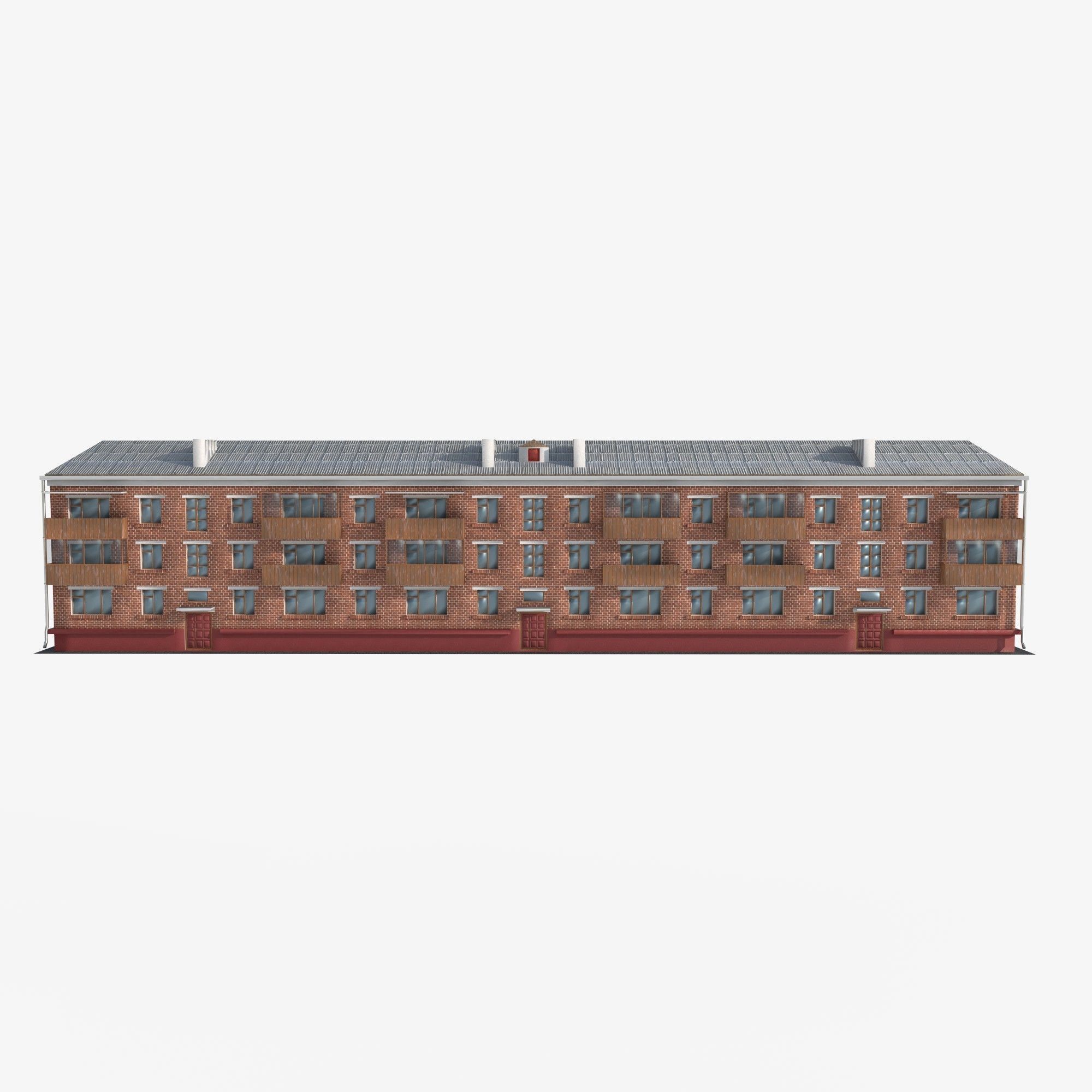 Brick 3-storey apartment building v2 Low-poly 3D model_3