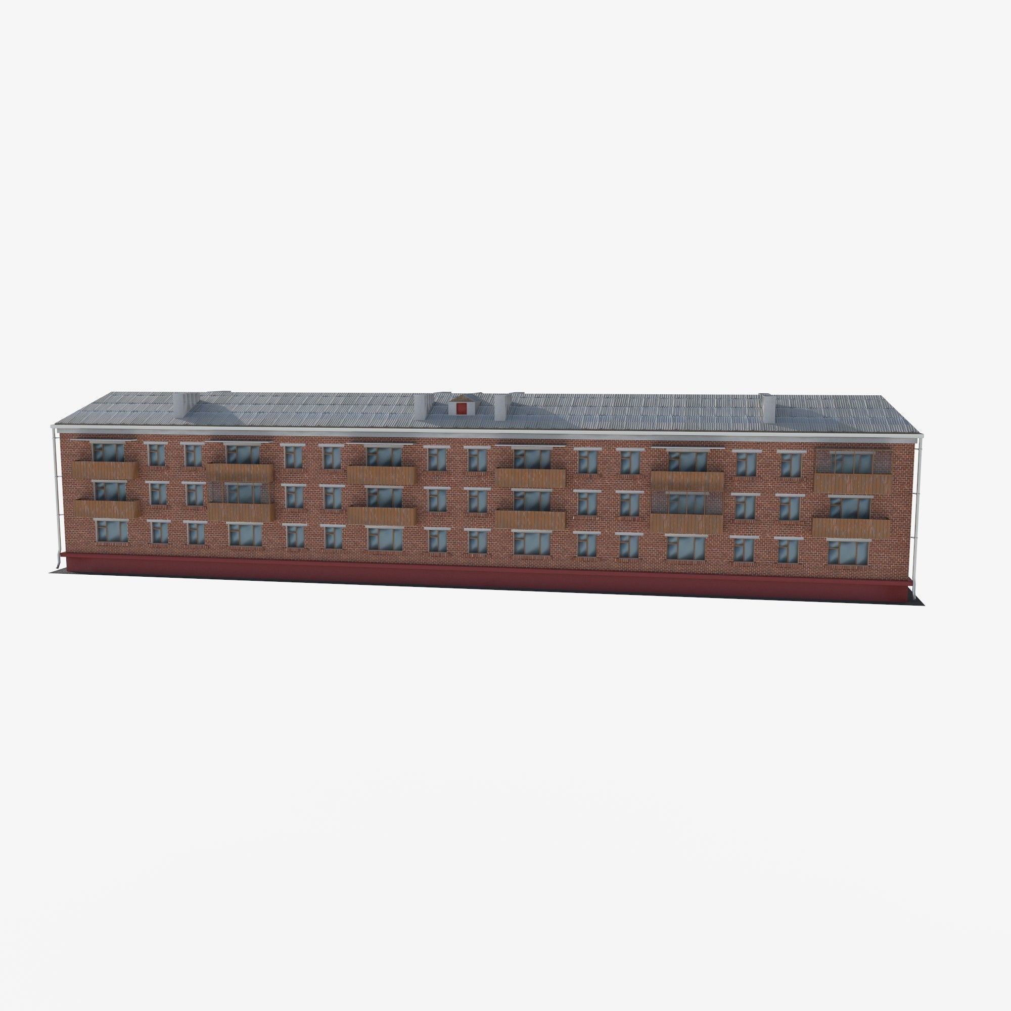 Brick 3-storey apartment building v2 Low-poly 3D model_2