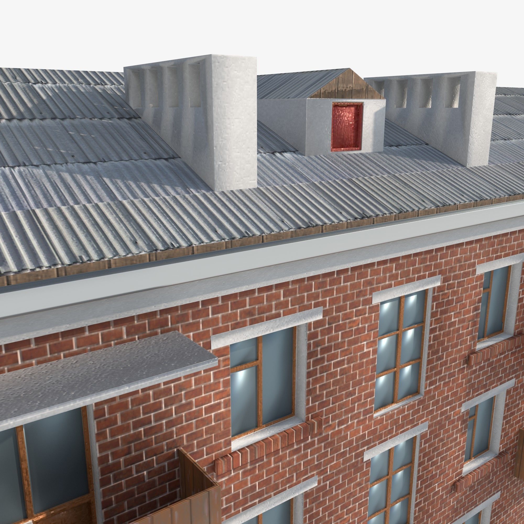 Brick 3-storey apartment building v2 Low-poly 3D model_6