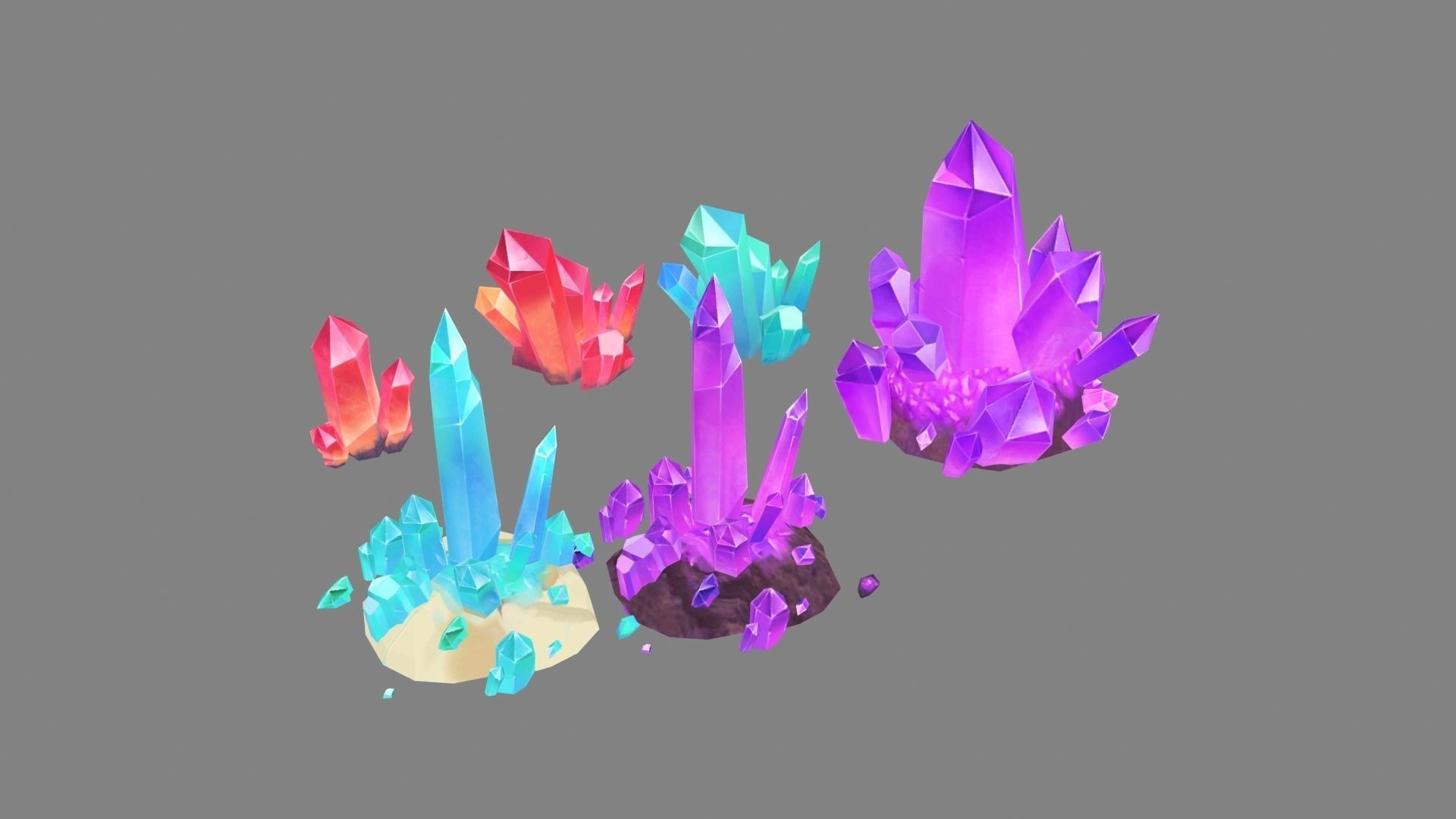A set of crystal stones - Amethyst - Blue crystal - Red crystal Low-poly 3D model_2