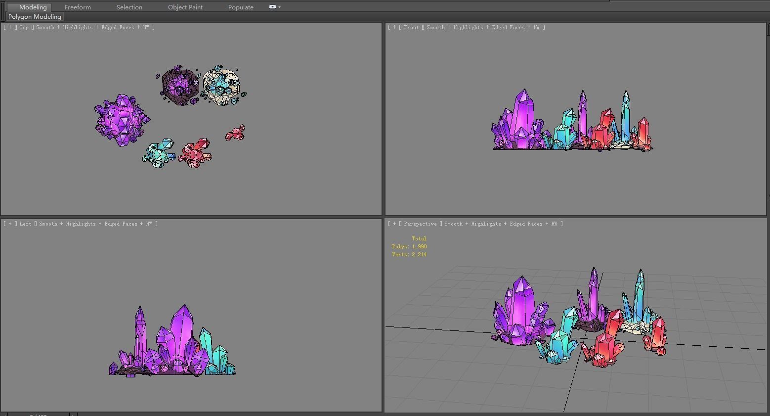 A set of crystal stones - Amethyst - Blue crystal - Red crystal Low-poly 3D model_4