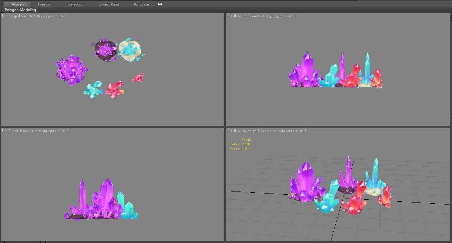 A set of crystal stones - Amethyst - Blue crystal - Red crystal Low-poly 3D model_3