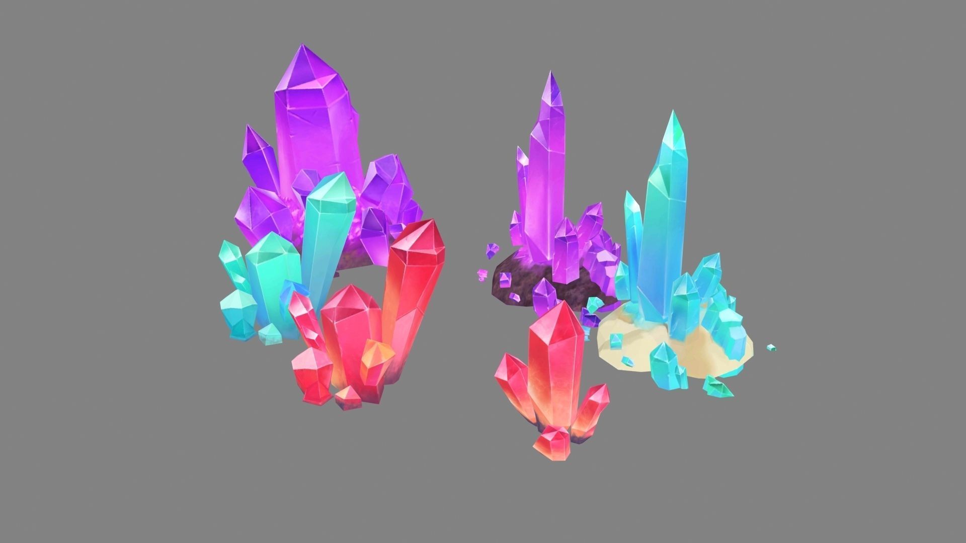 A set of crystal stones - Amethyst - Blue crystal - Red crystal Low-poly 3D model_1
