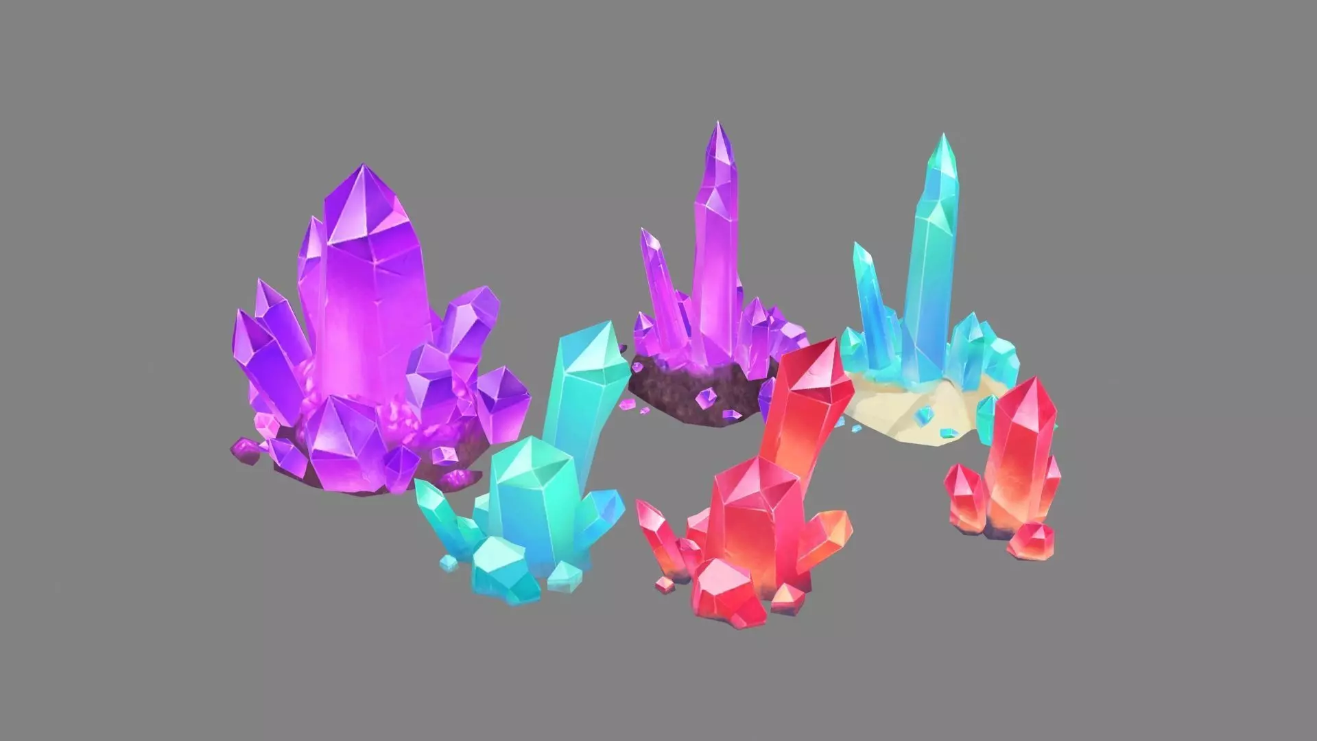 A set of crystal stones - Amethyst - Blue crystal - Red crystal Low-poly 3D model_0
