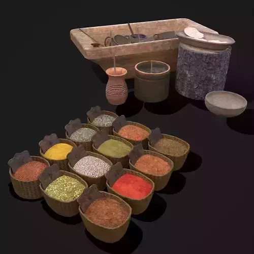 Medieval Style Food Bowls and Spice Baskets 3D Model Collection