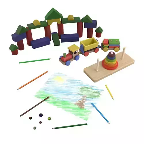 Childhood wooden toy train 3D Model Collection