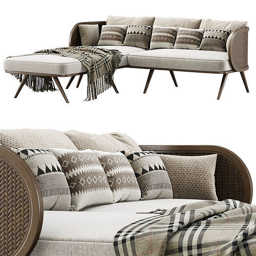 Victoria wooden rattan sofa VA30 with chaise lounge  3D model