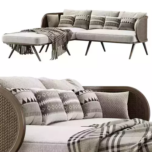 Victoria wooden rattan sofa VA30 with chaise lounge 