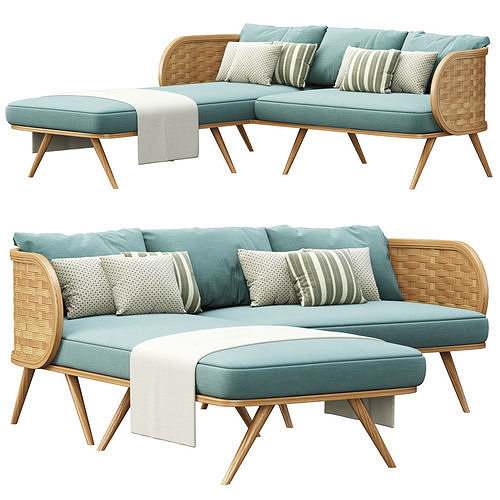Victoria wooden rattan sofa XY40 with chaise lounge  3D model