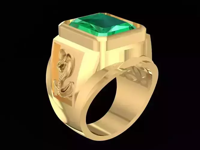 Zodiac Emeral Men Ring with Lucky Snake 777