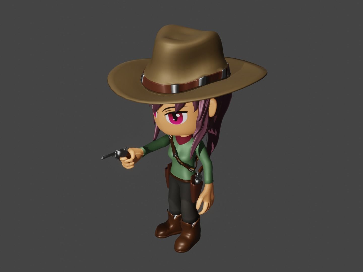 animated western female gunslinger- cowgirl - anime - toon Low-poly 3D model_9