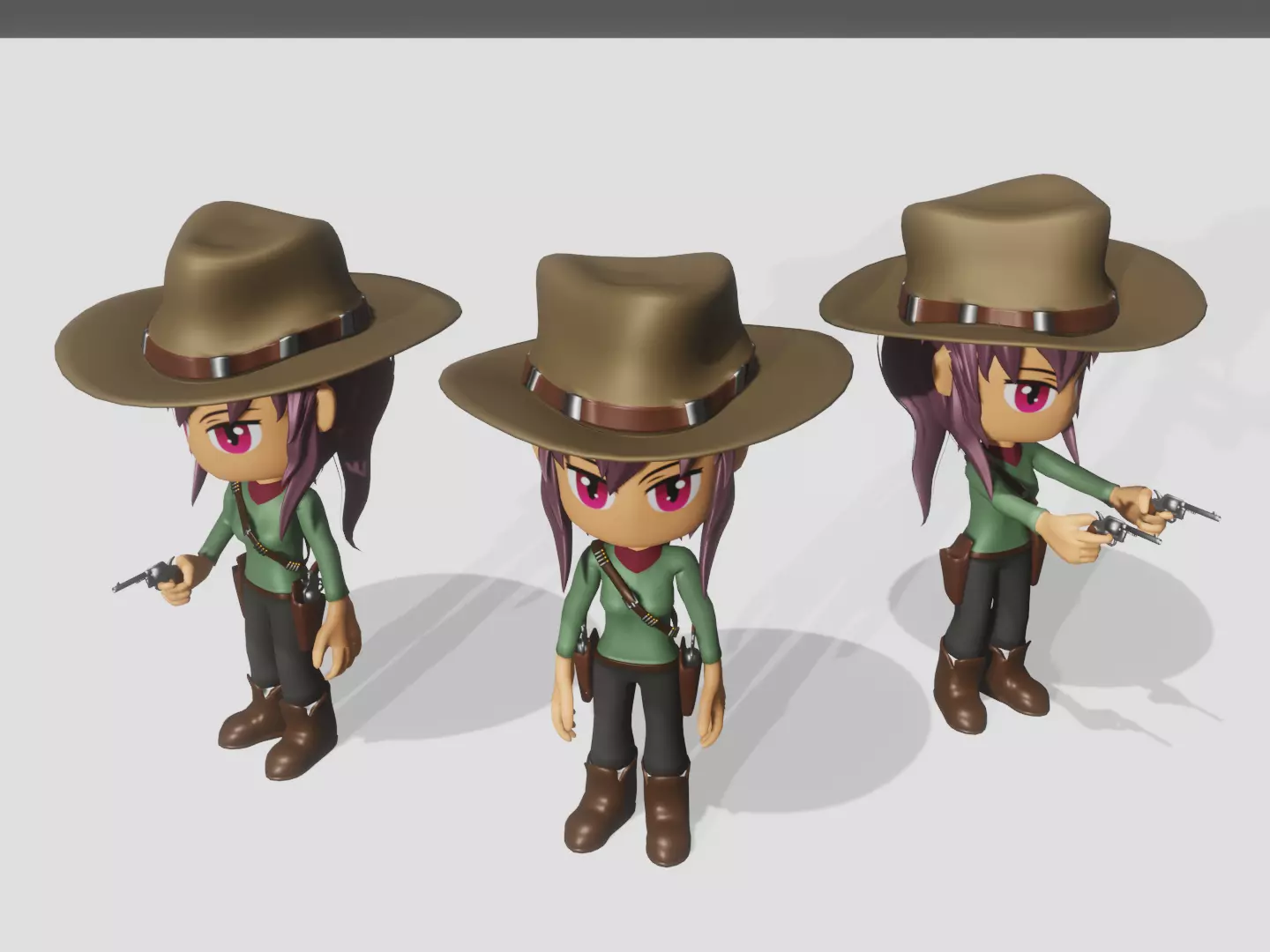 animated western female gunslinger- cowgirl - anime - toon Low-poly 3D model_0