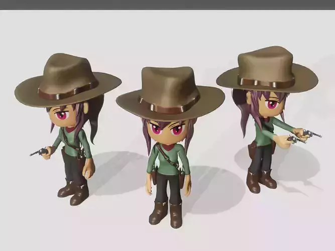 animated western female gunslinger- cowgirl - anime - toon Low-poly 3D model animated western female gunslinger- cowgirl - anime - toon Low-poly 3D model