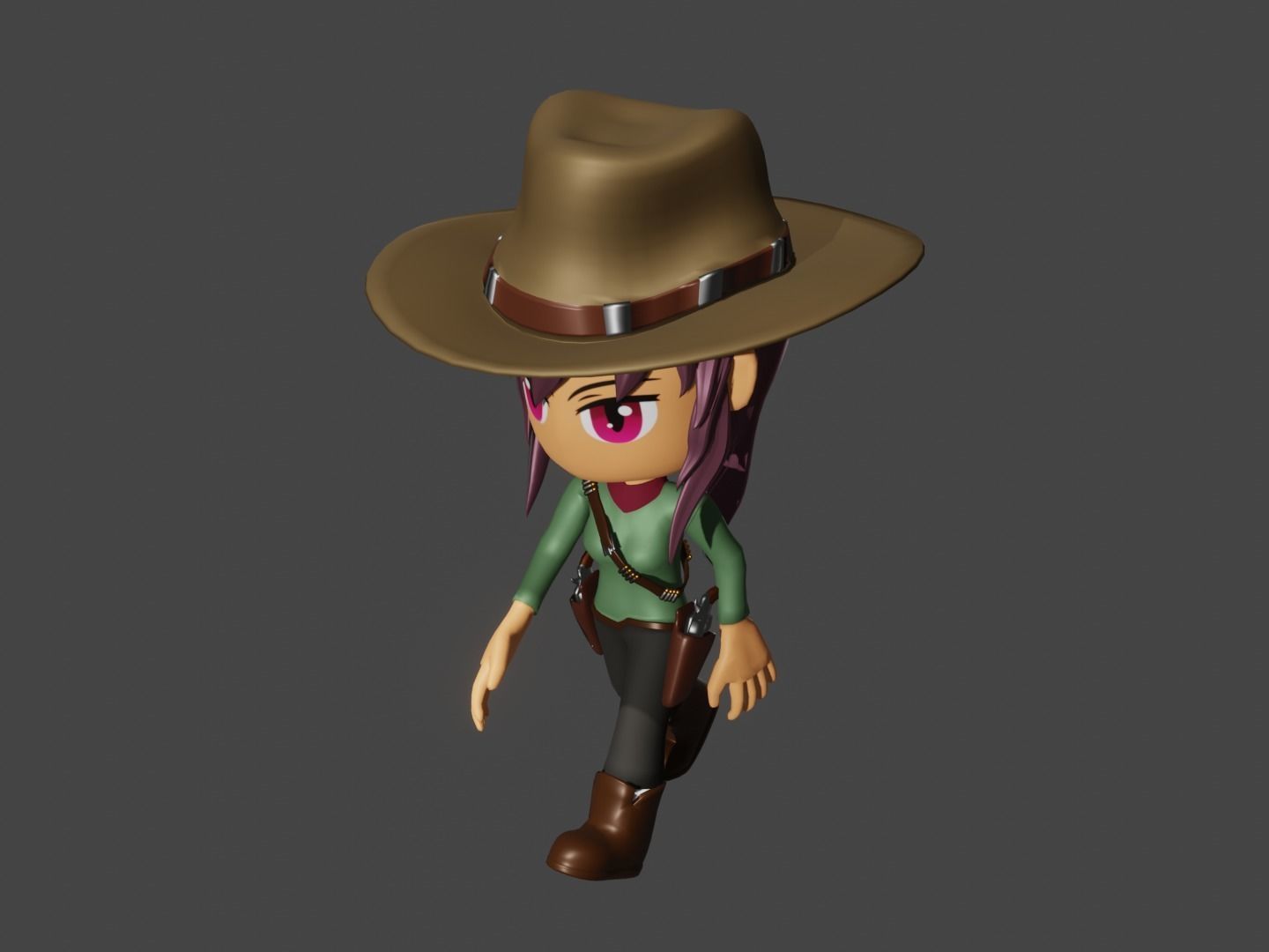 animated western female gunslinger- cowgirl - anime - toon Low-poly 3D model_2