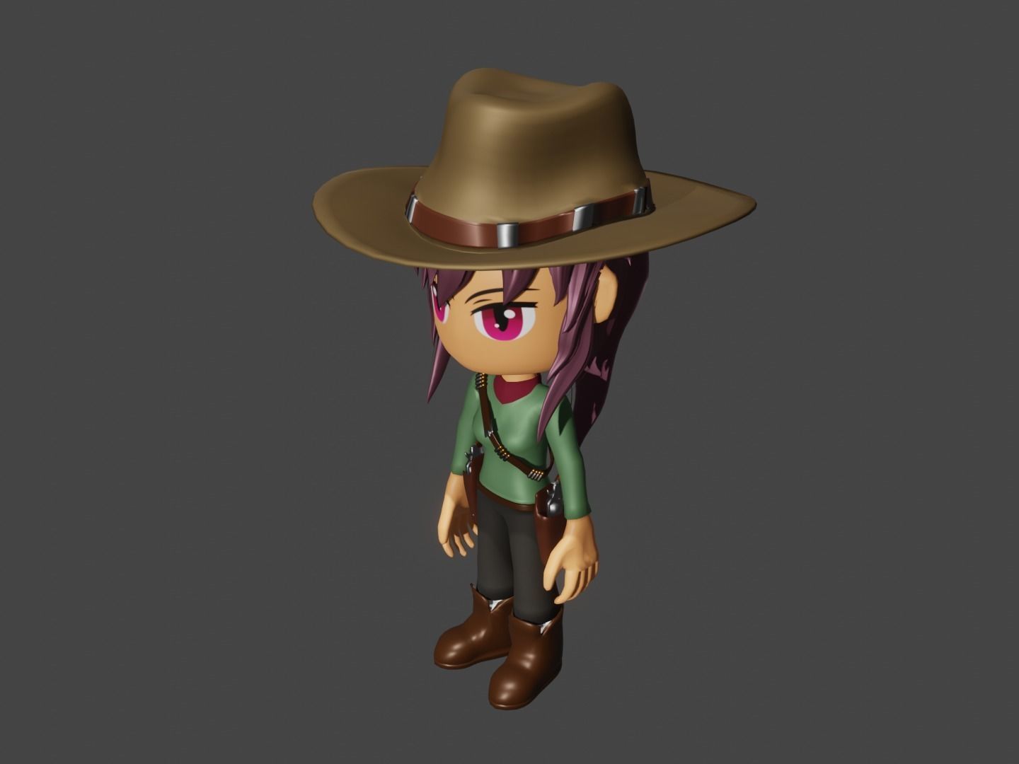 animated western female gunslinger- cowgirl - anime - toon Low-poly 3D model_13