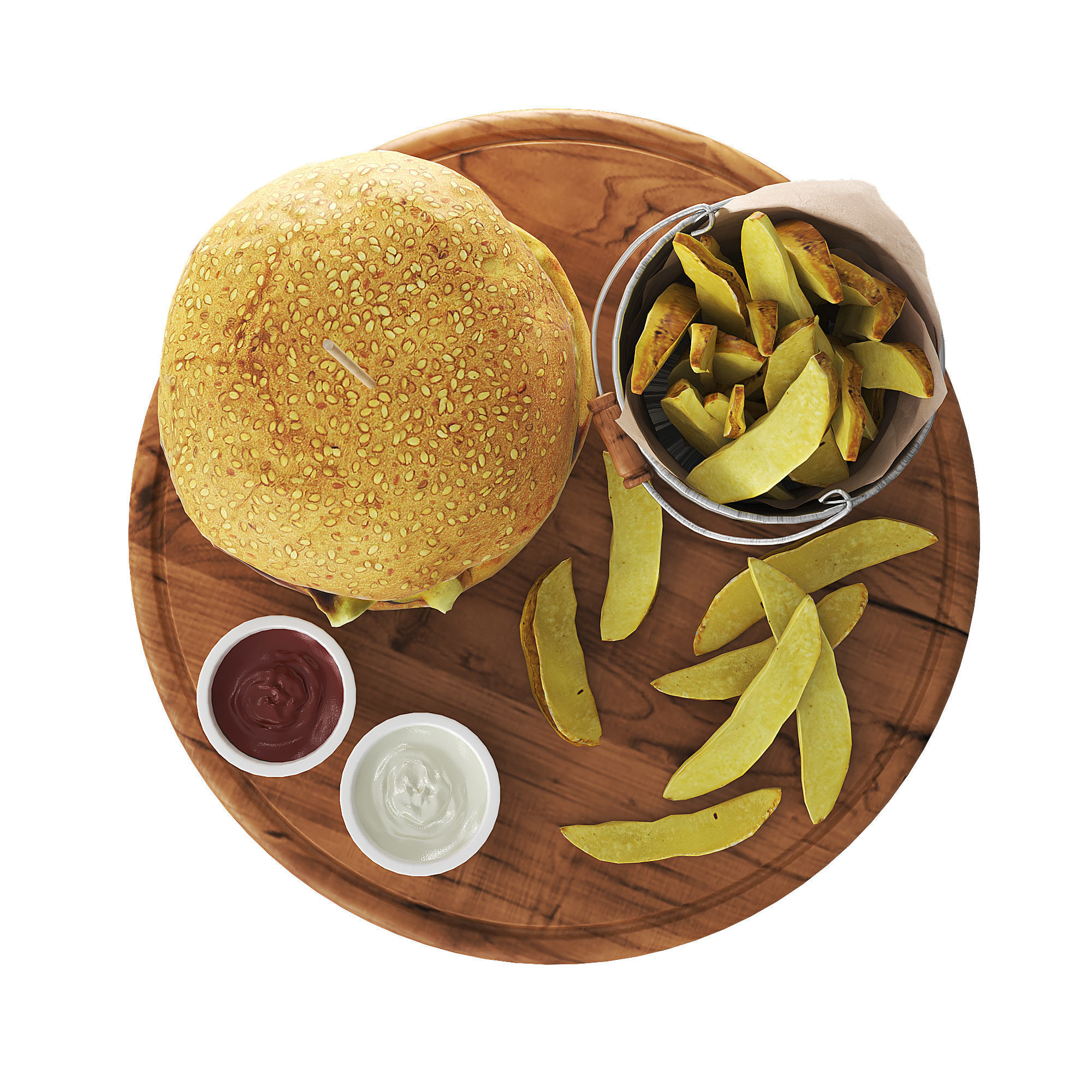 Burger with fries on wooden tray 3D model_2