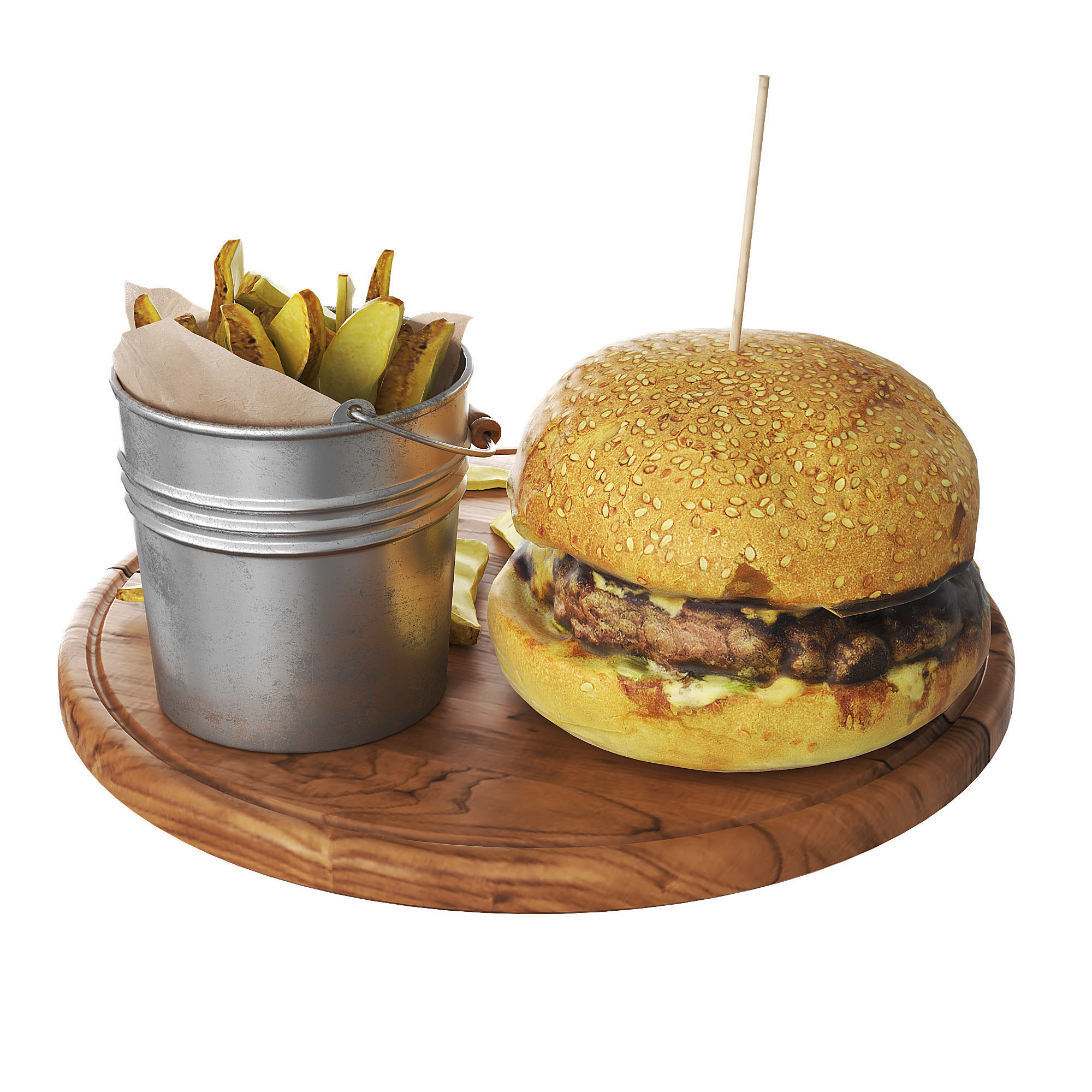 Burger with fries on wooden tray 3D model_1