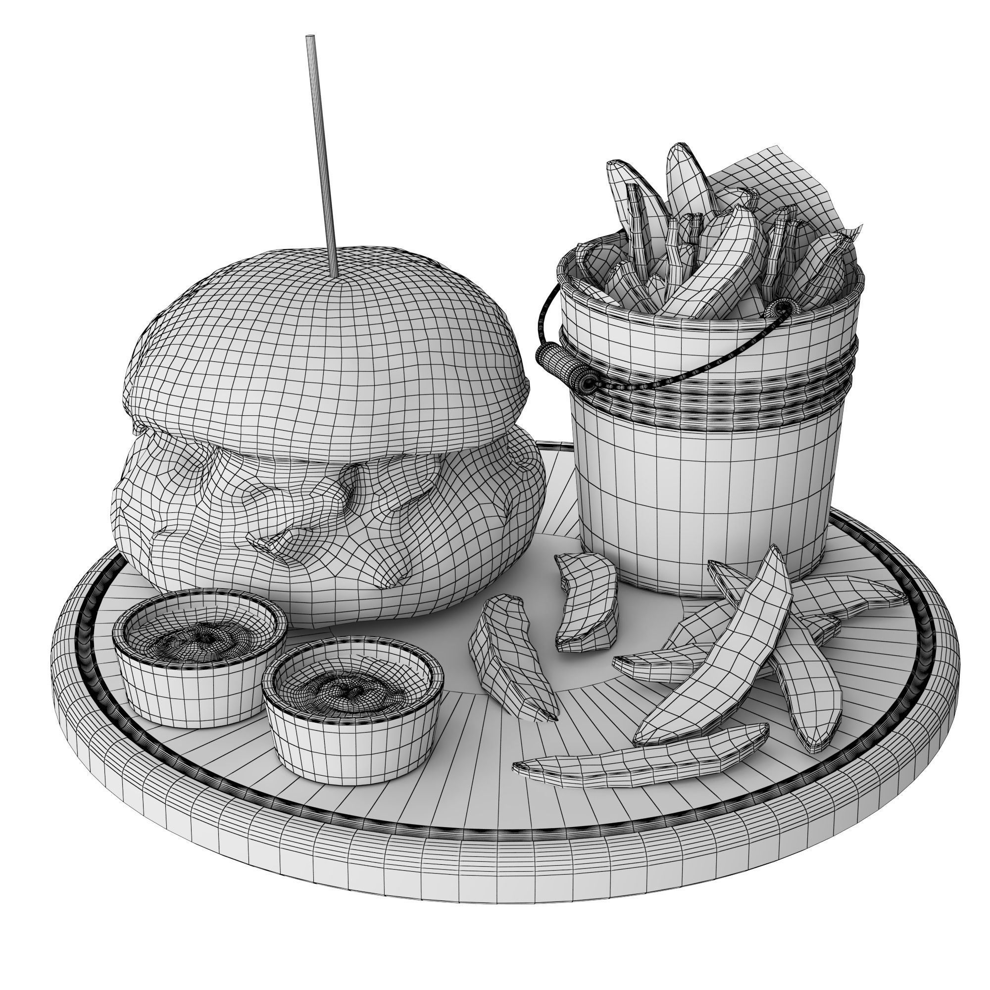 Burger with fries on wooden tray 3D model_4