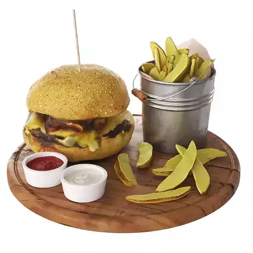 Burger with fries on wooden tray