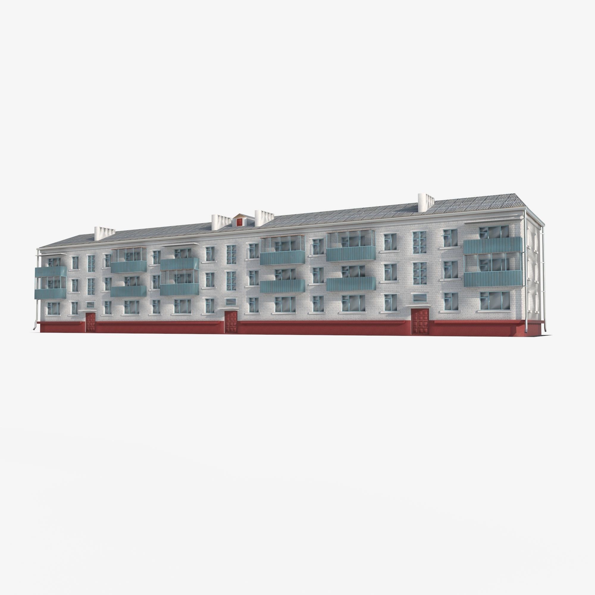 Brick 3-storey apartment building v3 Low-poly 3D model_1