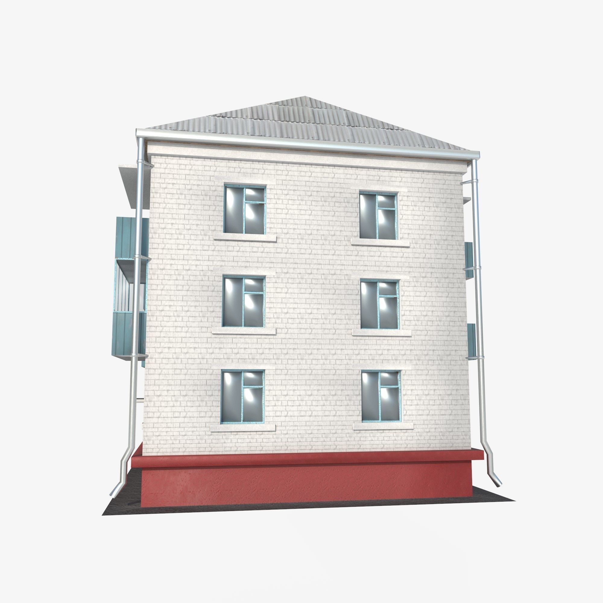 Brick 3-storey apartment building v3 Low-poly 3D model_2