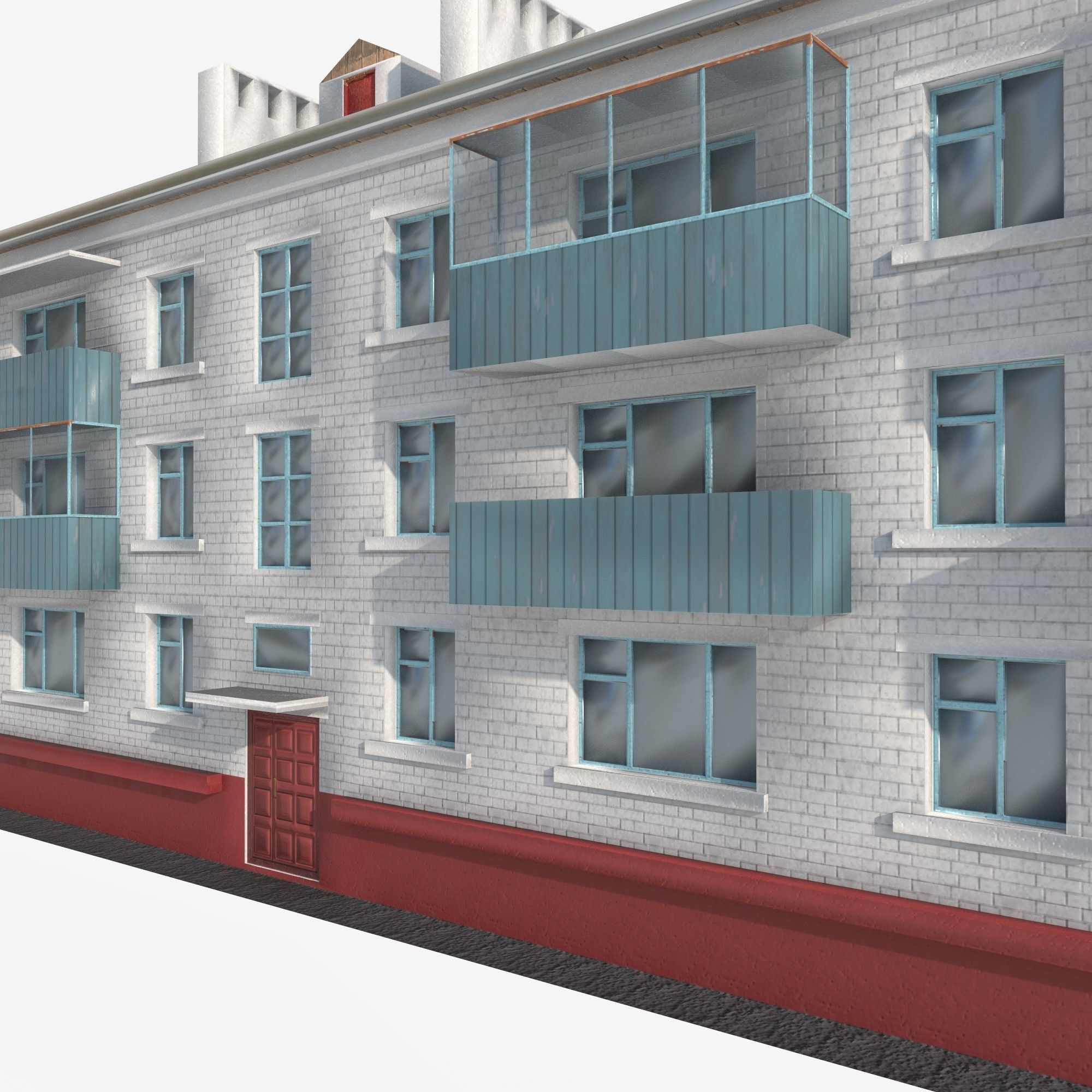Brick 3-storey apartment building v3 Low-poly 3D model_5