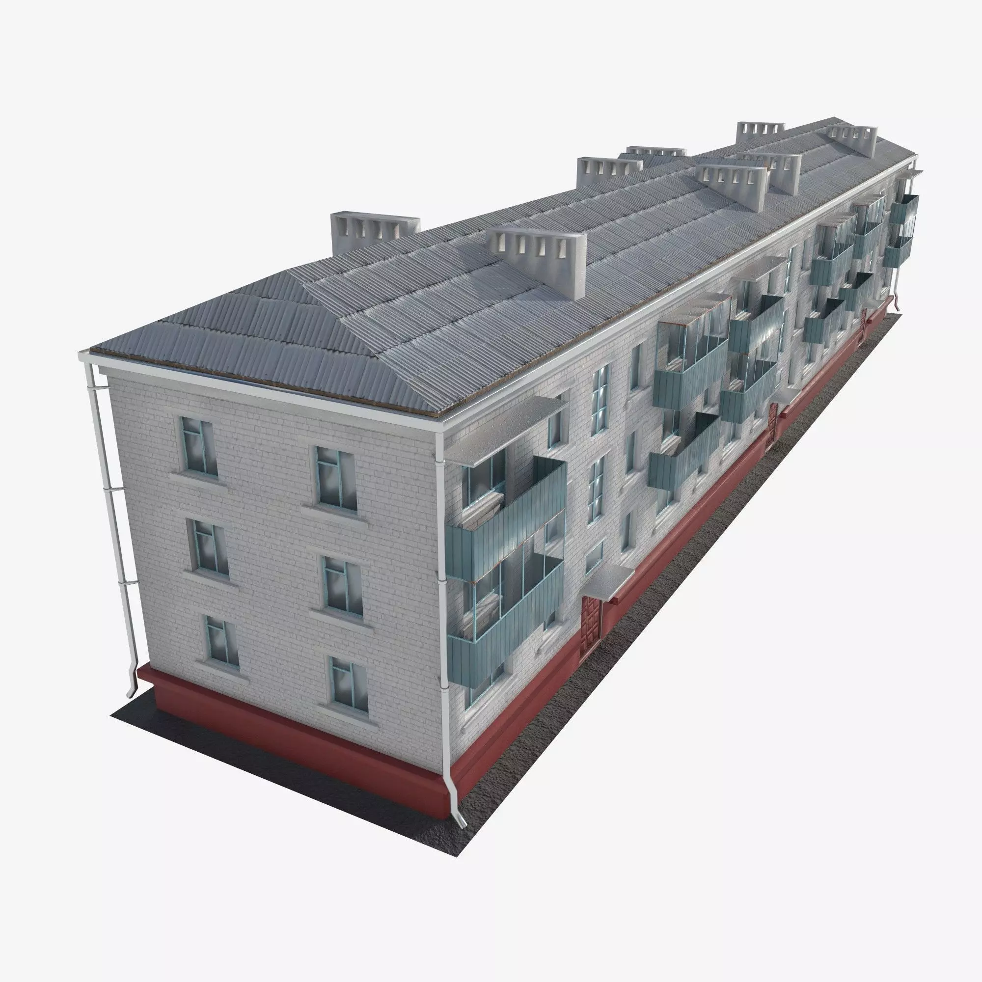 Brick 3-storey apartment building v3 Low-poly 3D model_0