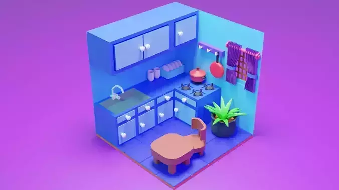 Lowpoly kitchen with table and chairs