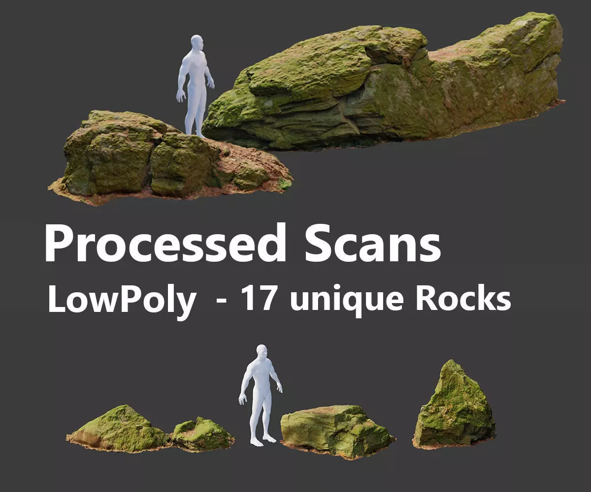 17x Rock Stone Scan Lowpoly Processed Mossy Forest Collection Low-poly 3D model_0