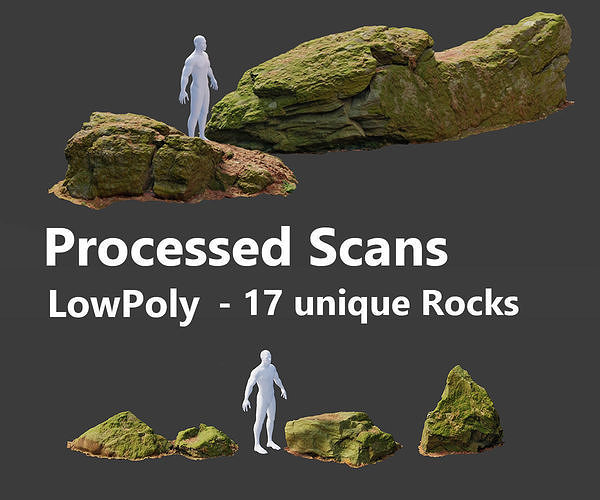 17x Rock Stone Scan Lowpoly Processed Mossy Forest Collection Low-poly 3D model
