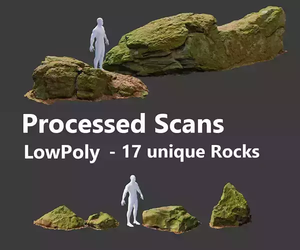 17x Rock Stone Scan Lowpoly Processed Mossy Forest Collection Low-poly 3D model