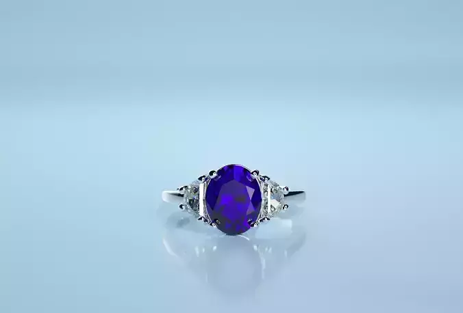 Oval Sapphire Three Half Moon Stone Ring 
