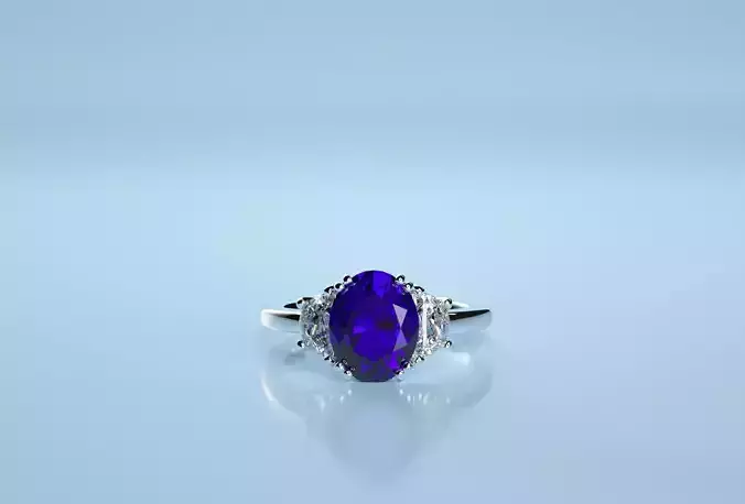 Oval Sapphire Three Half Moon Stone Ring v2