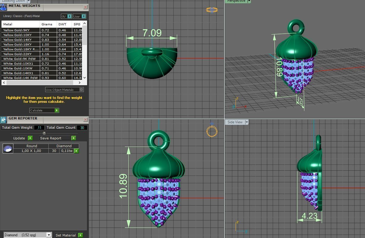 gold acorn pendant with diamonds 3D print model_1