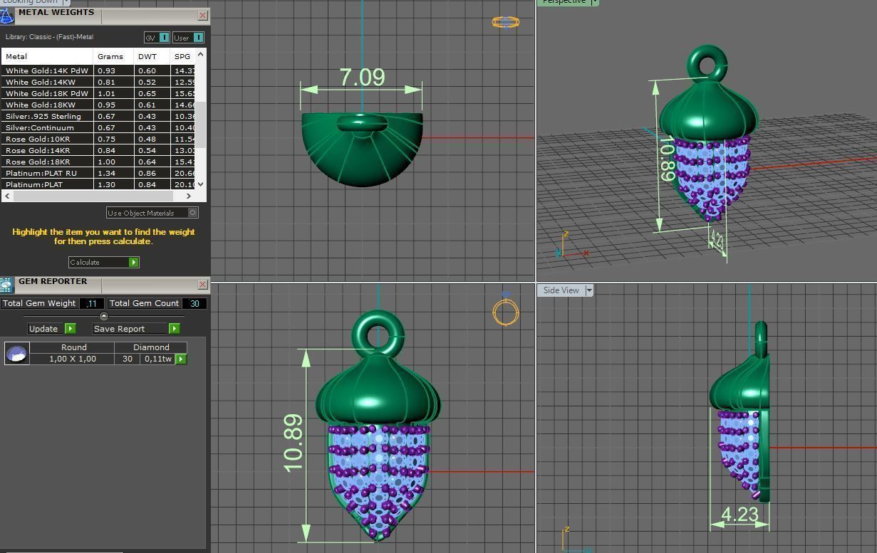 gold acorn pendant with diamonds 3D print model_2