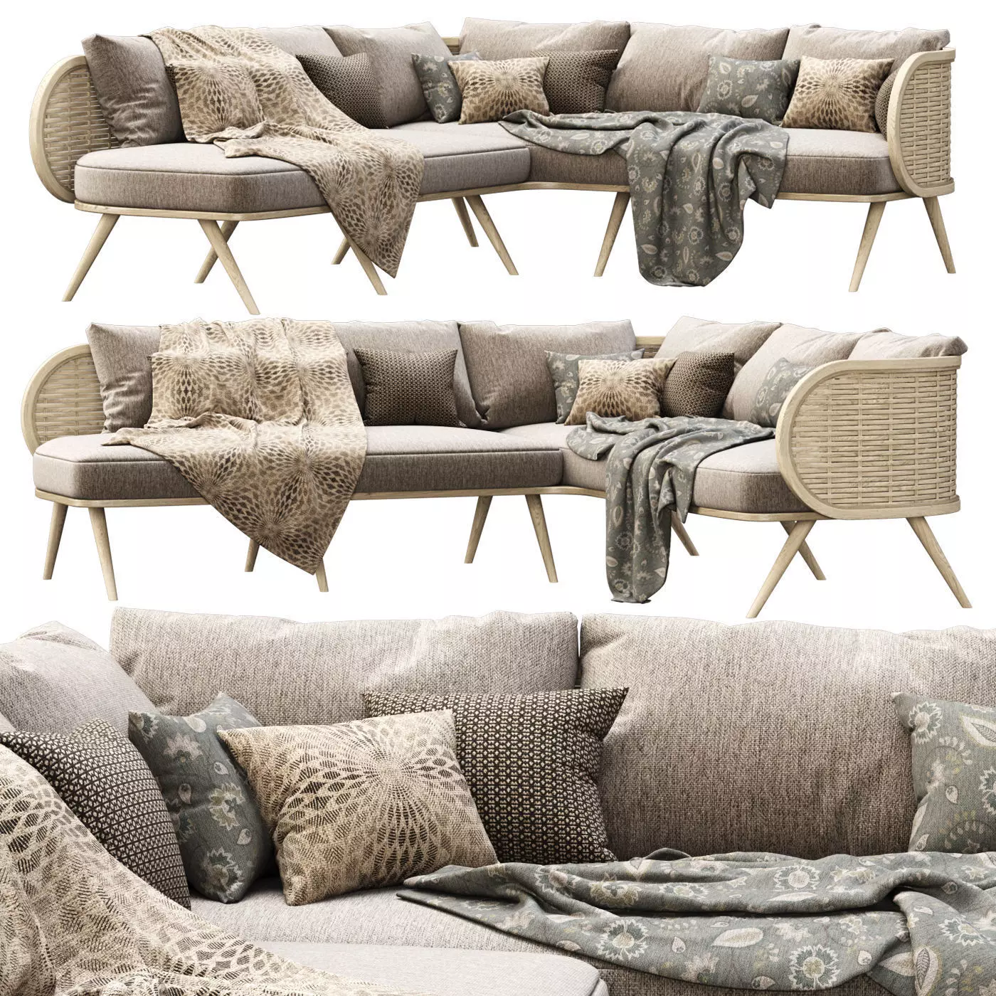 Victoria wooden rattan corner sofa FD50 3D model