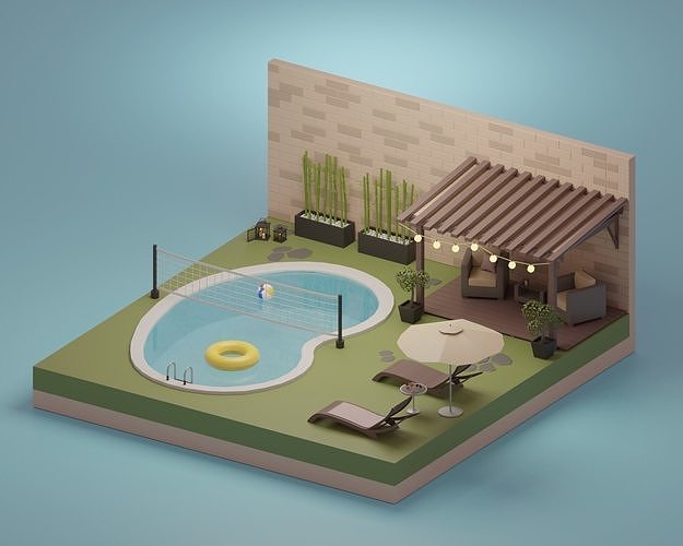 Garden swimming pool with lounge chairs and umbrella Low-poly 3D model