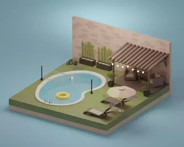 Garden swimming pool with lounge chairs and umbrella Low-poly 3D model