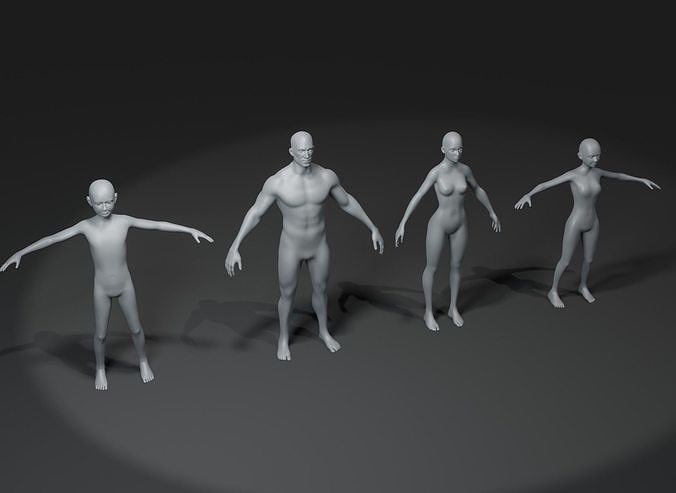 Human Body Base Mesh 3D Model Family Pack 10k Polygons Low-poly 3D model