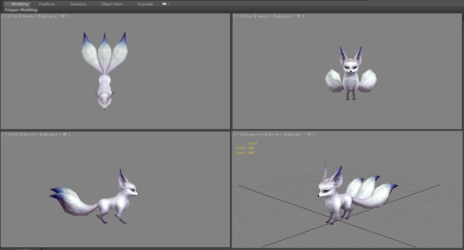 Cartoon three tail fox - White fox monster - Snow fox Low-poly 3D model_4