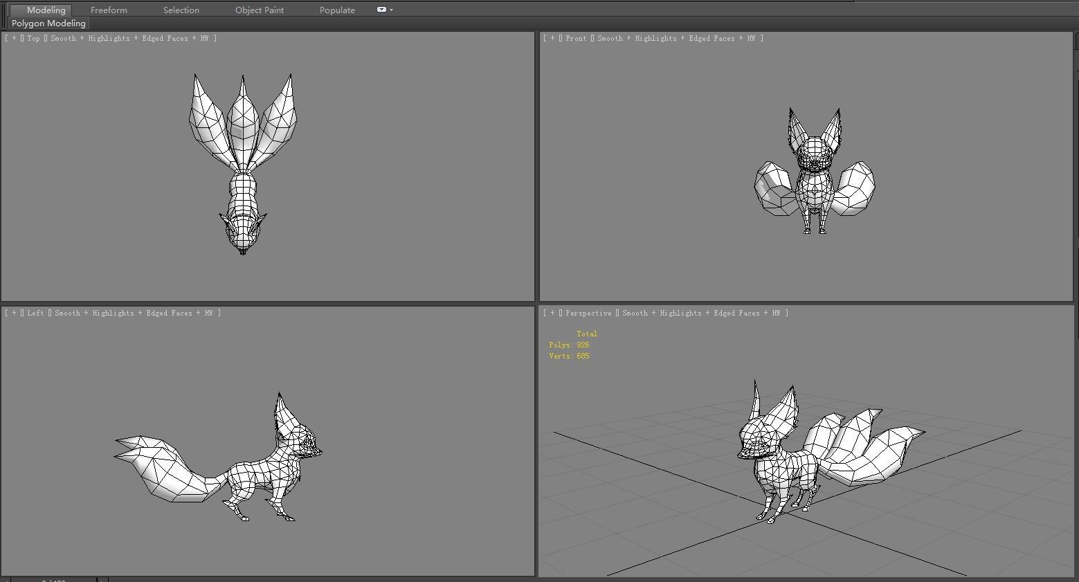 Cartoon three tail fox - White fox monster - Snow fox Low-poly 3D model_6