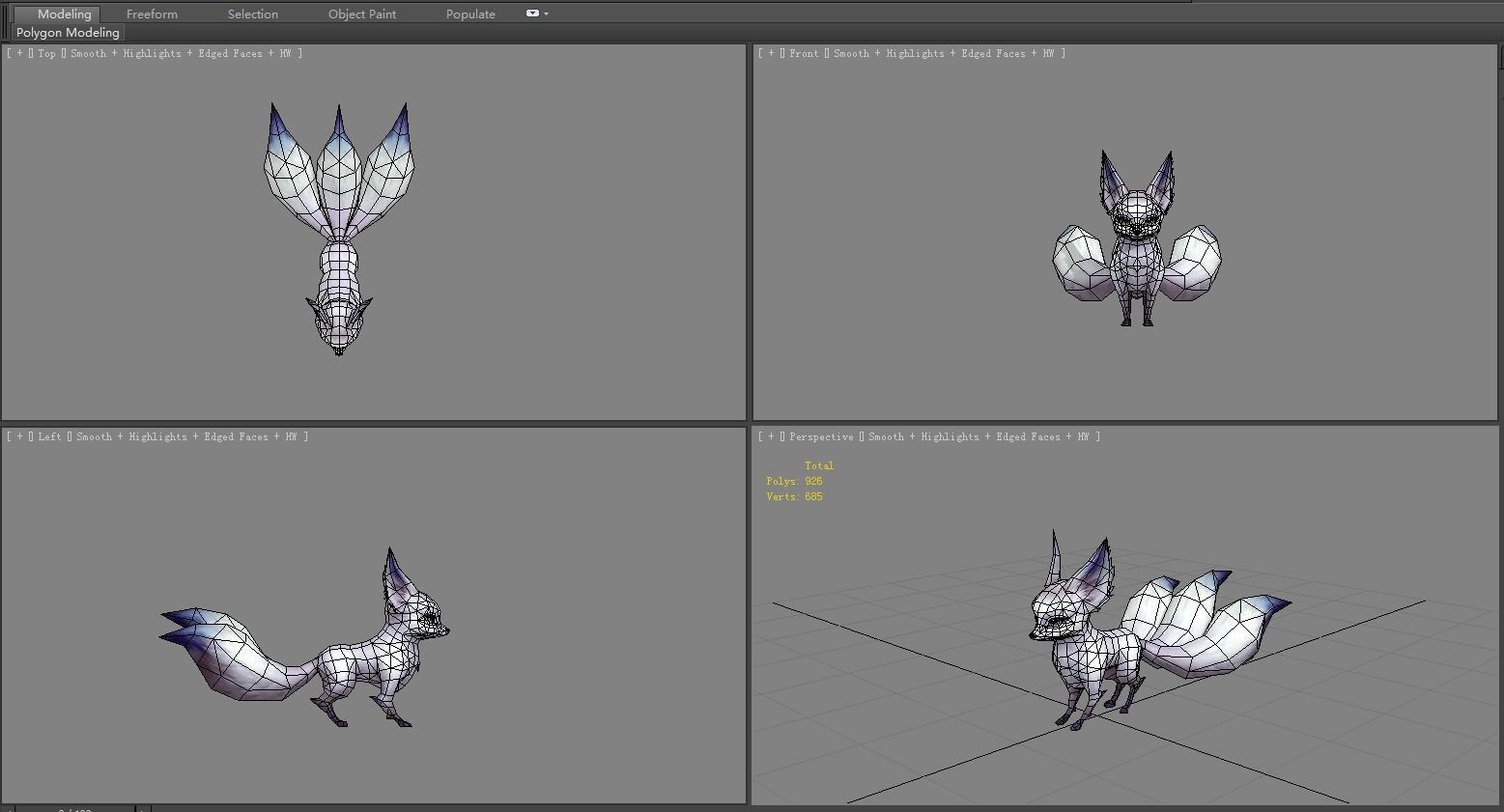 Cartoon three tail fox - White fox monster - Snow fox Low-poly 3D model_5
