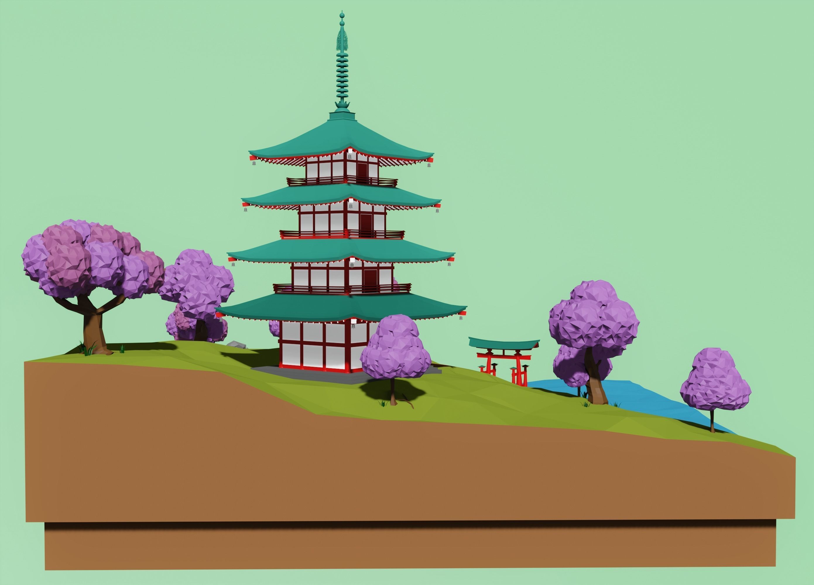 Japanese pagoda and a torii  Low-poly 3D model_10